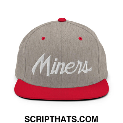 Miners School Mascot Script Snapback Hat Heather Grey Red