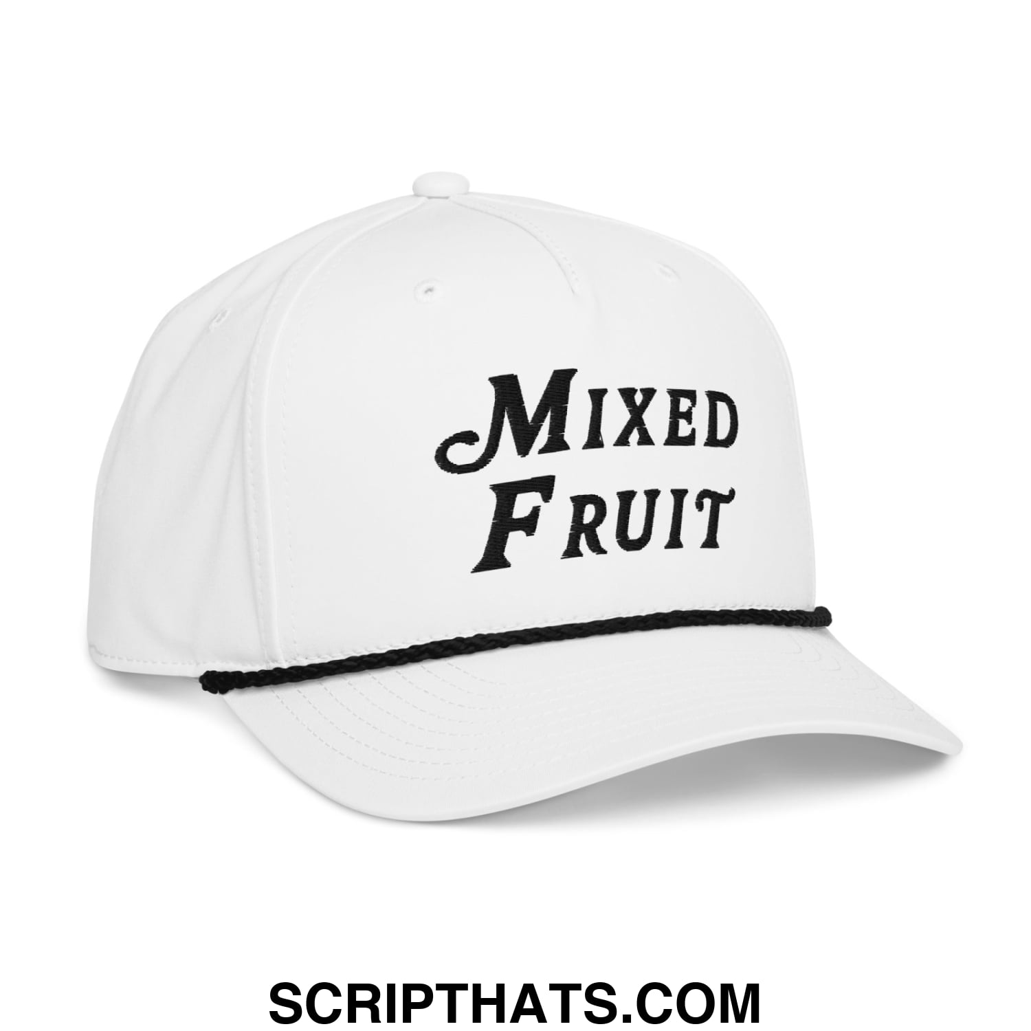 White mixed fruit embroidered golf rope hat with black brim stripe and black script embroidery