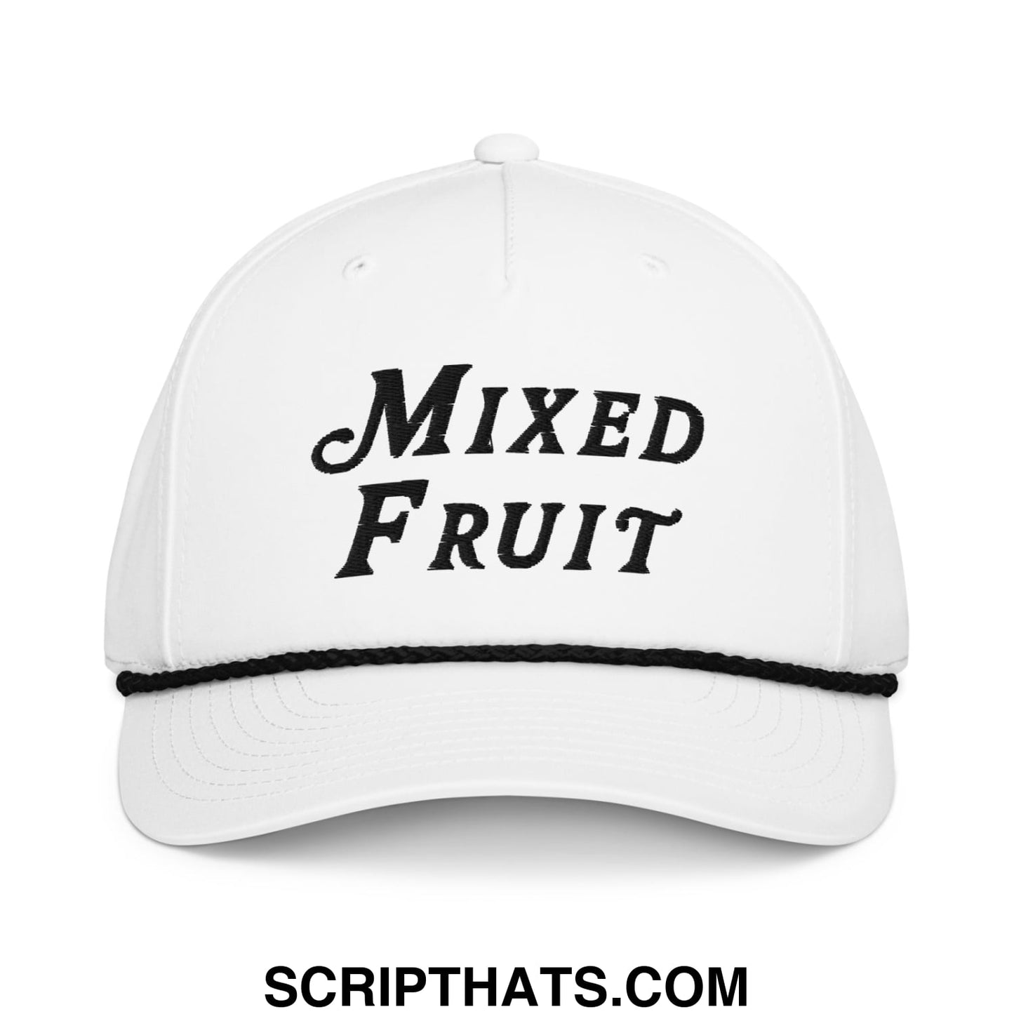 White baseball cap with black embroidered mixed fruit text and matching black stitched brim from mixed fruit golf hat