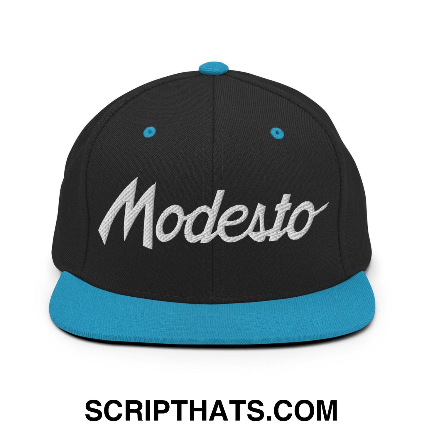 Modesto Script Snapback Hat Black Teal