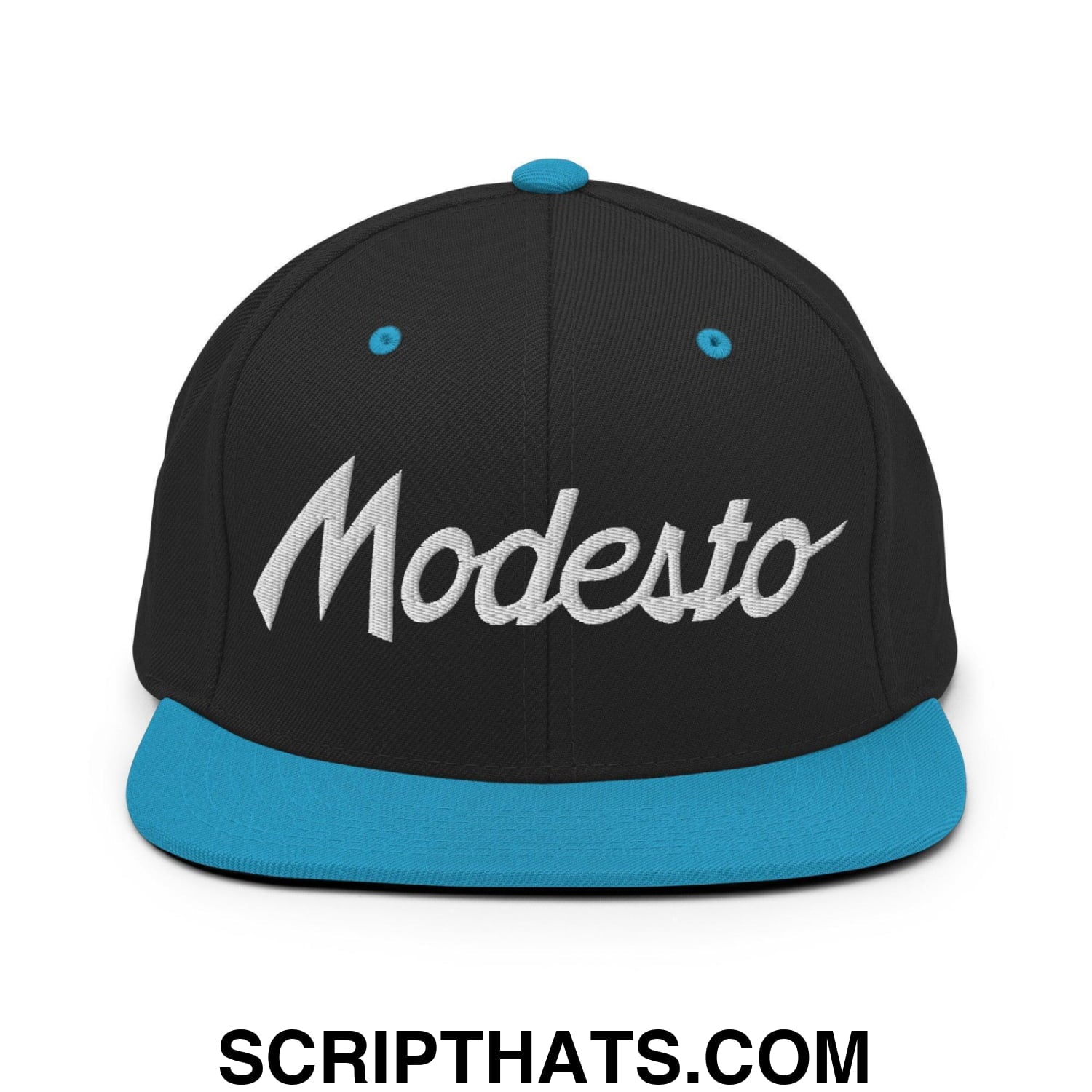 Modesto Script Snapback Hat Black Teal