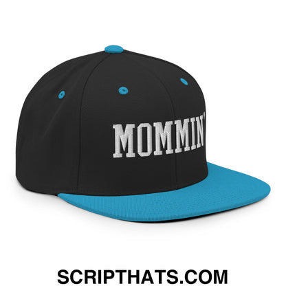 Mommin' Embroidered Flat Bill Brim Snapback Hat Black Teal