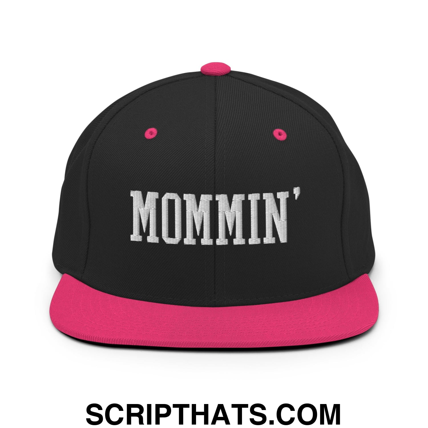 Mommin' Embroidered Flat Bill Brim Snapback Hat Black Neon Pink