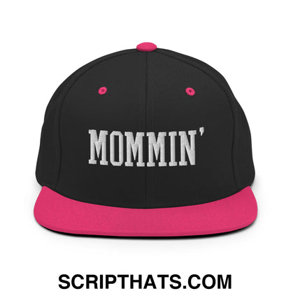 Mommin' Embroidered Flat Bill Brim Snapback Hat Black Neon Pink