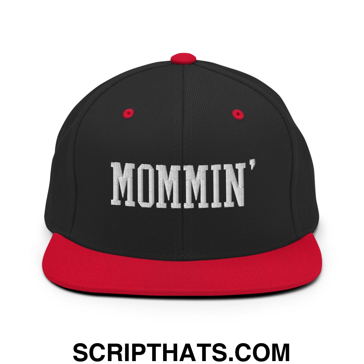 Mommin' Embroidered Flat Bill Brim Snapback Hat Black Red