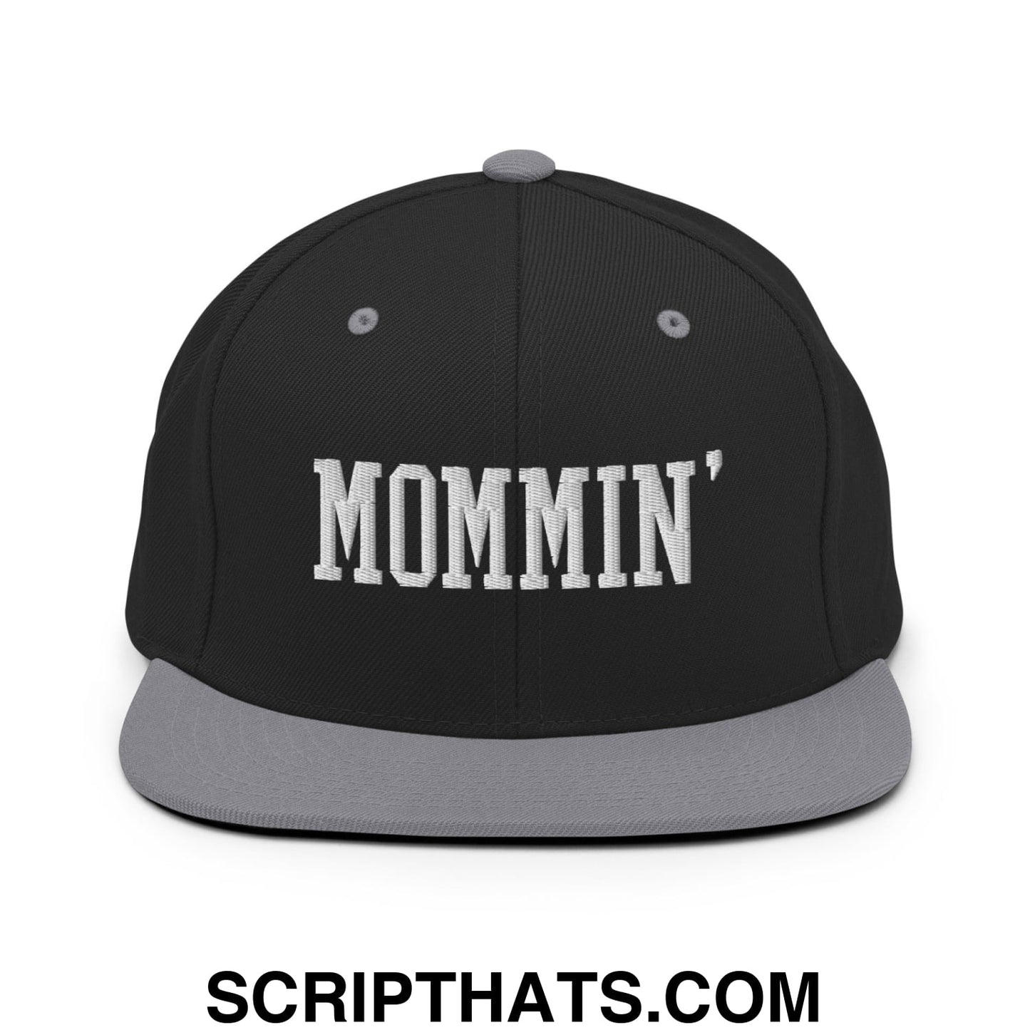 Mommin' Embroidered Flat Bill Brim Snapback Hat Black Silver