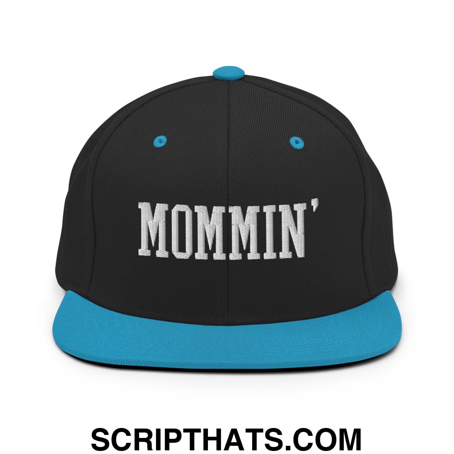 Mommin' Embroidered Flat Bill Brim Snapback Hat Black Teal