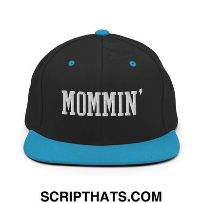 Mommin' Embroidered Flat Bill Brim Snapback Hat Black Teal