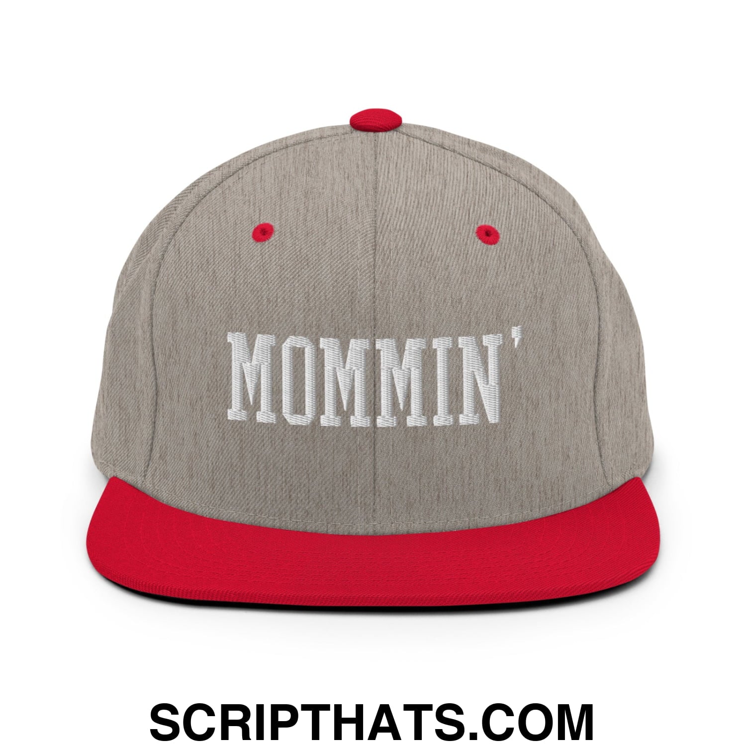 Mommin' Embroidered Flat Bill Brim Snapback Hat Heather Grey Red