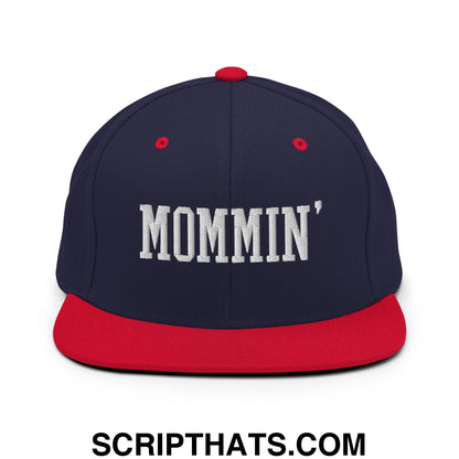 Mommin' Embroidered Flat Bill Brim Snapback Hat Navy Red