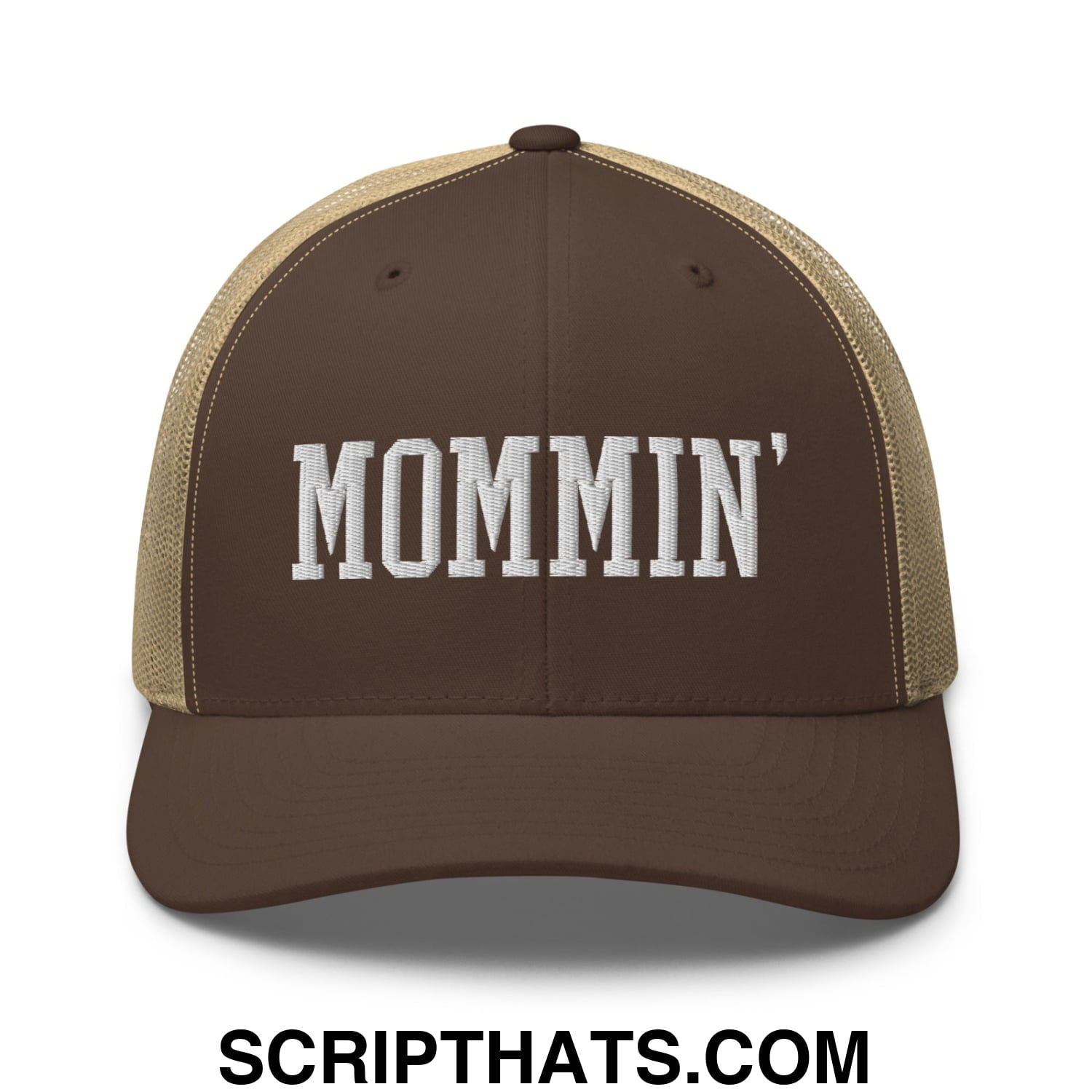 Mommin' Embroidered Mesh Trucker Hat Brown Khaki