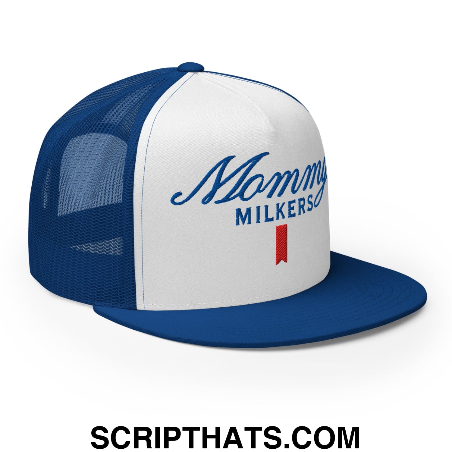 Mommy Milkers Embroidered Flat Brim Bill Mesh Trucker Hat Royal White Royal