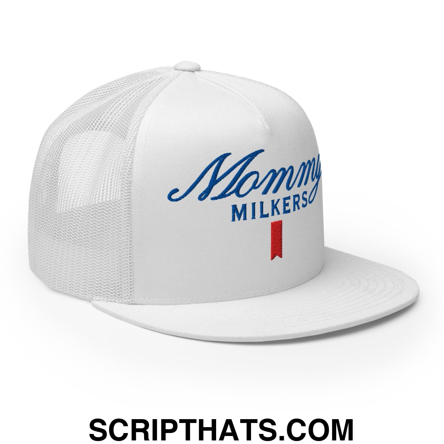 Mommy Milkers Embroidered Flat Brim Bill Mesh Trucker Hat White