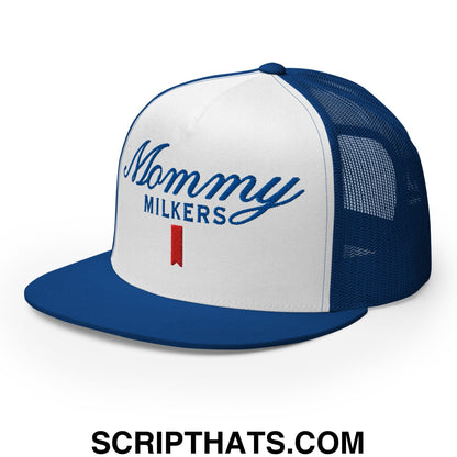 Mommy Milkers Embroidered Flat Brim Bill Mesh Trucker Hat Royal White Royal