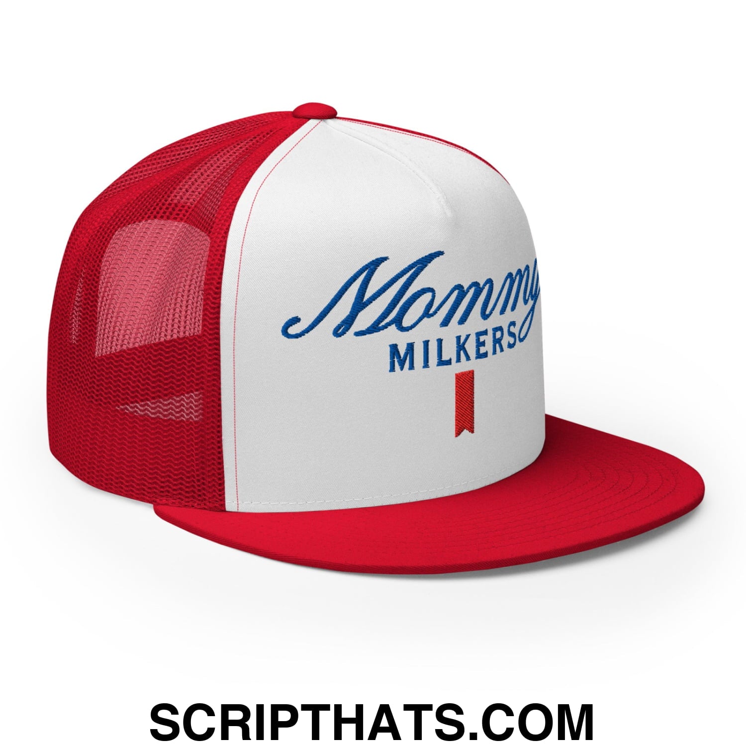 Mommy Milkers Embroidered Flat Brim Bill Mesh Trucker Hat Red White Red