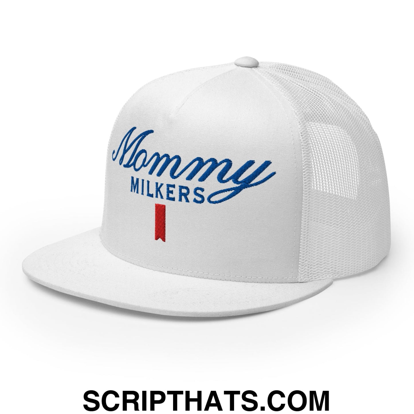 Mommy Milkers Embroidered Flat Brim Bill Mesh Trucker Hat White
