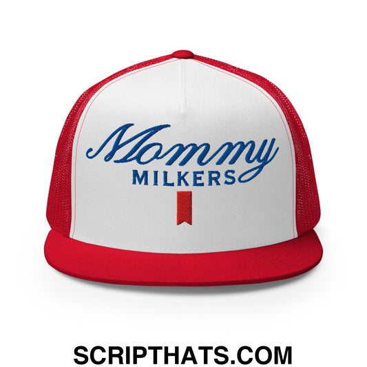 Mommy Milkers Embroidered Flat Brim Bill Mesh Trucker Hat Red White Red