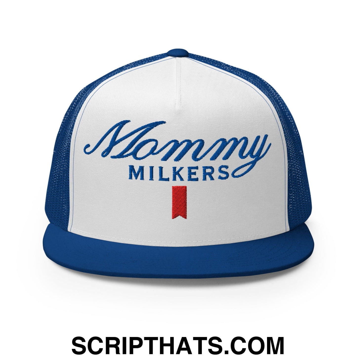 Mommy Milkers Embroidered Flat Brim Bill Mesh Trucker Hat Royal White Royal