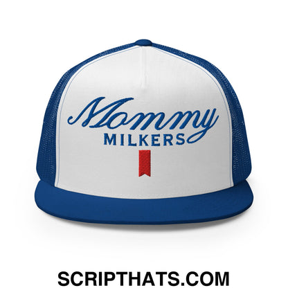 Mommy Milkers Embroidered Flat Brim Bill Mesh Trucker Hat Royal White Royal