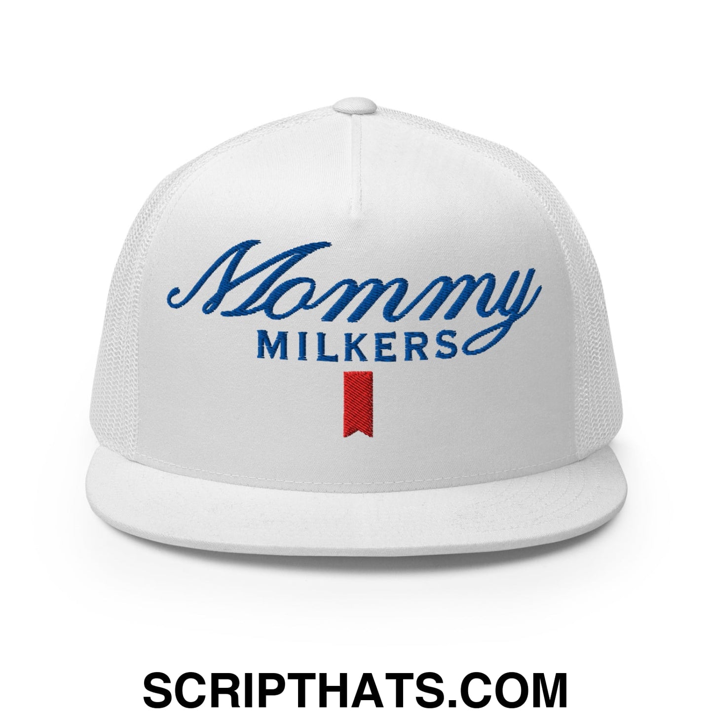 Mommy Milkers Embroidered Flat Brim Bill Mesh Trucker Hat White