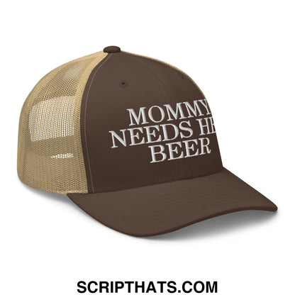 Mommy Needs Her Beer Embroidered Mesh Trucker Hat Brown Khaki