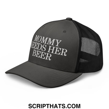 Mommy Needs Her Beer Embroidered Mesh Trucker Hat Charcoal Black