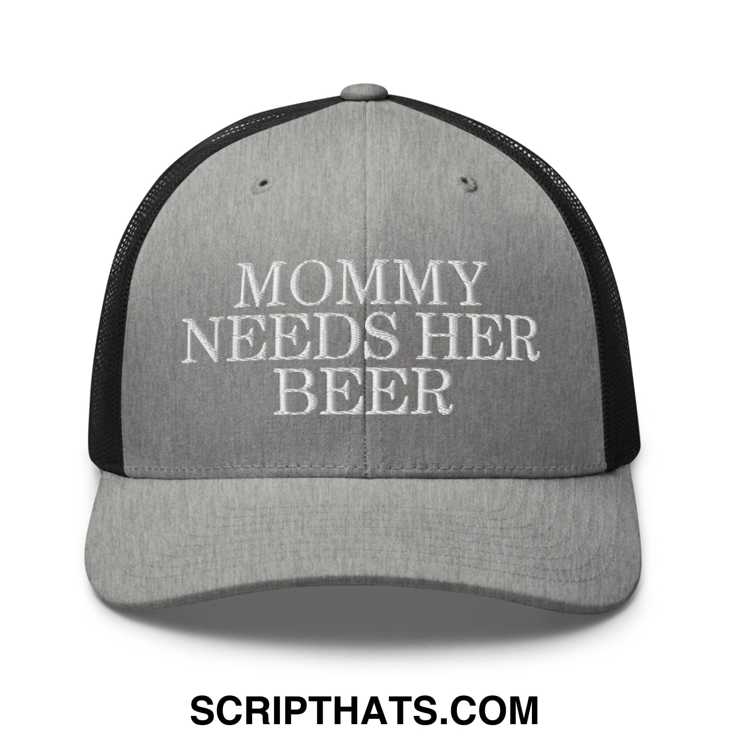 Mommy Needs Her Beer Embroidered Mesh Trucker Hat Heather Black