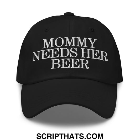 Black unstructured dad hat with white embroidered mommy needs her beer text for casual wear