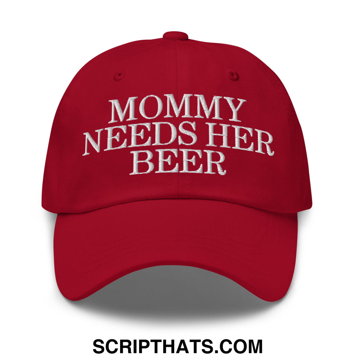 Red unstructured dad hat with white embroidered mommy needs her beer text for casual wear