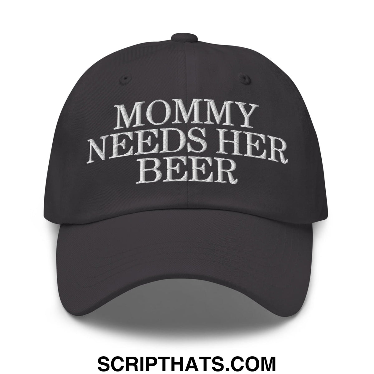 Black unstructured dad hat with white embroidered text mommy needs her beer for casual wear