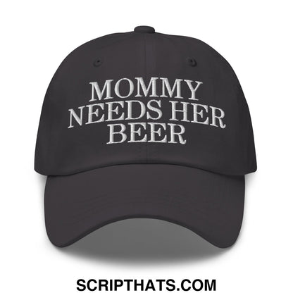 Black unstructured dad hat with white embroidered text mommy needs her beer for casual wear