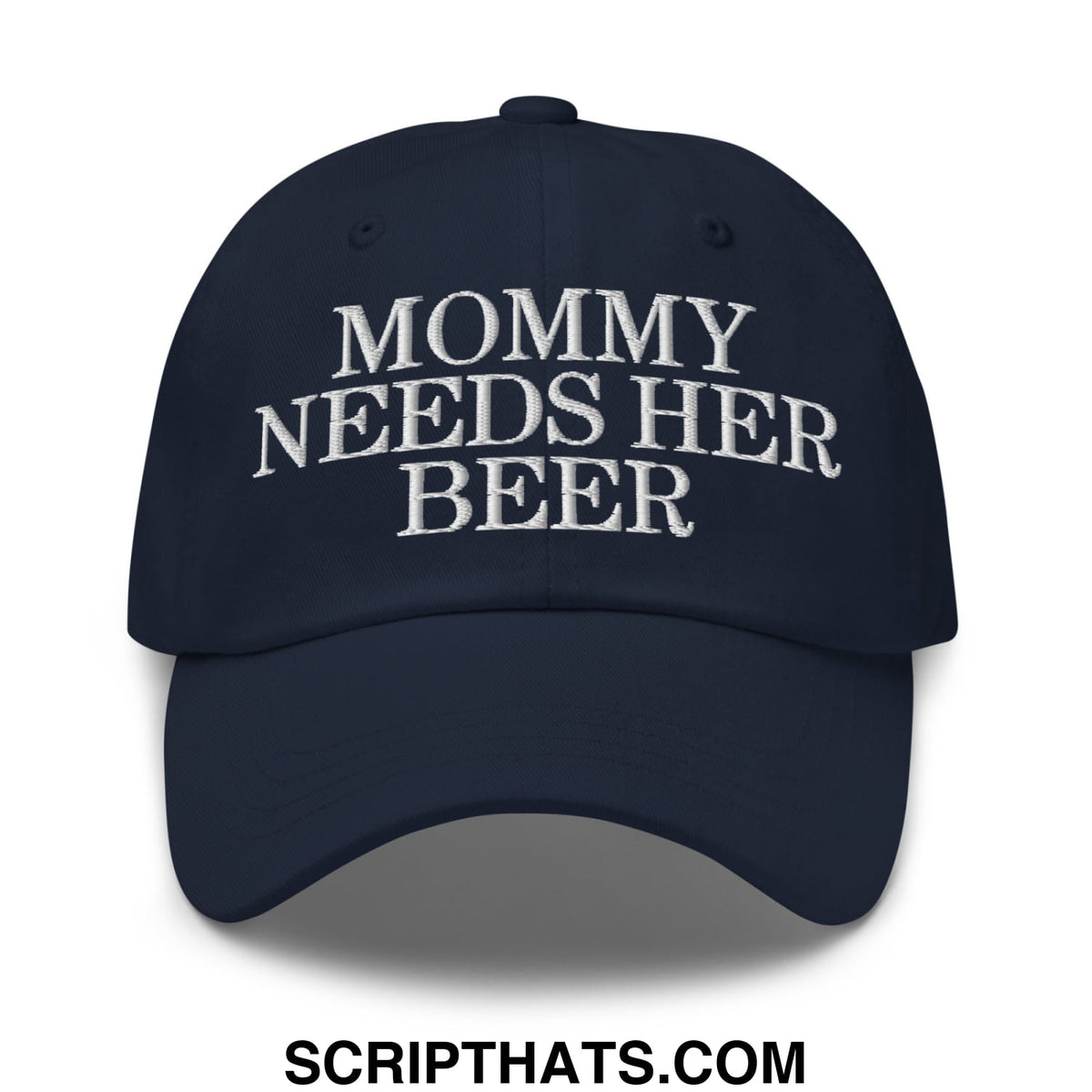 Navy blue unstructured dad hat with white embroidered mommy needs her beer text for casual wear