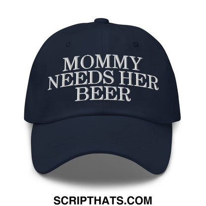 Navy blue unstructured dad hat with white embroidered mommy needs her beer text for casual wear