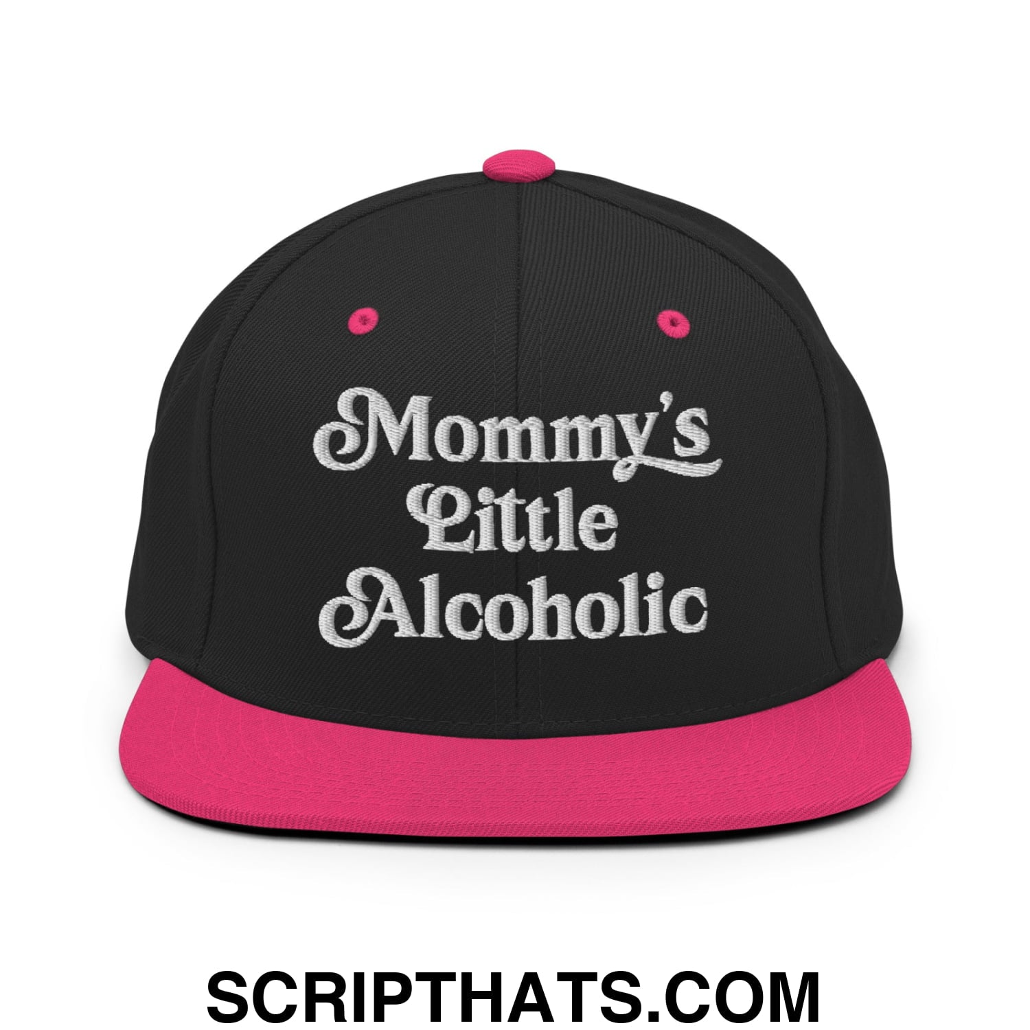 Mommy's Little Alcoholic Embroidered Flat Bill Brim Snapback Hat Black Neon Pink