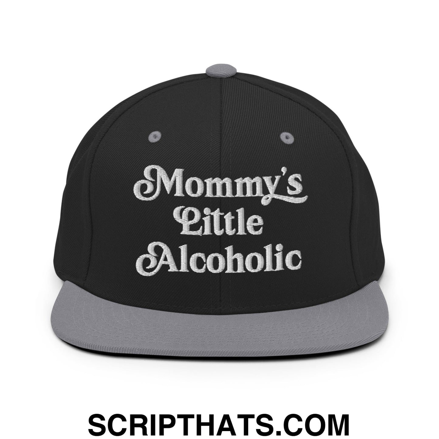 Mommy's Little Alcoholic Embroidered Flat Bill Brim Snapback Hat Black Silver