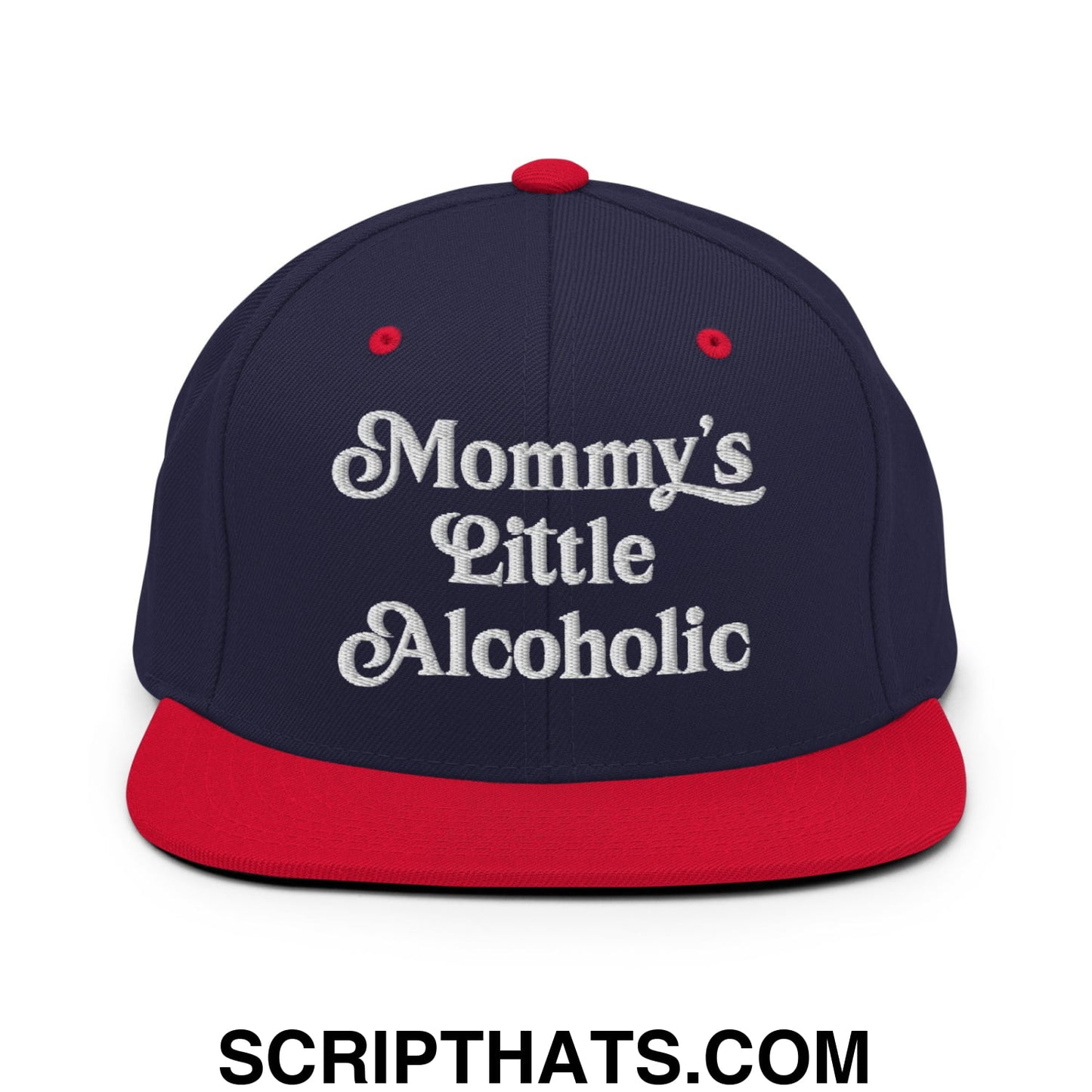 Mommy's Little Alcoholic Embroidered Flat Bill Brim Snapback Hat Navy Red