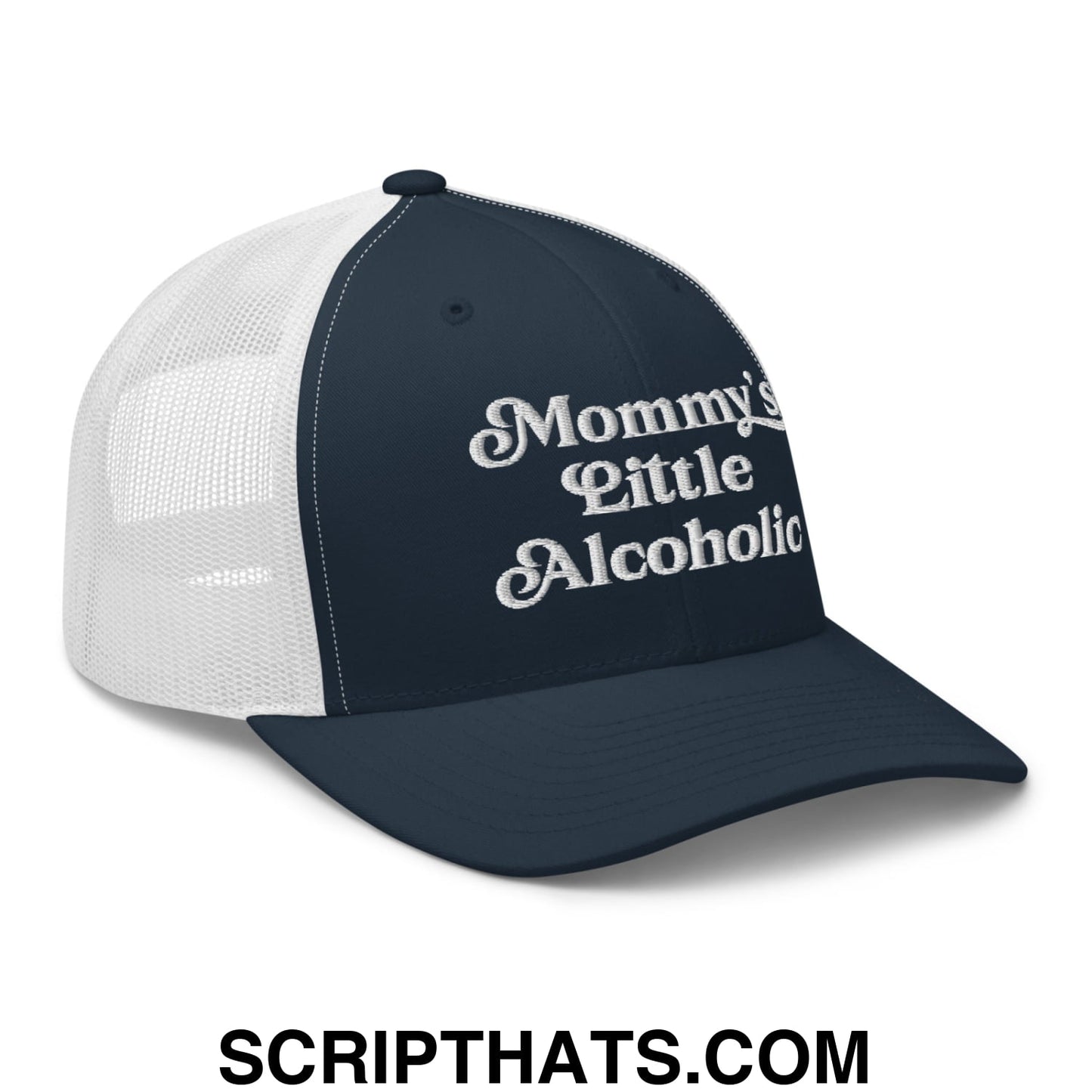 Mommy's Little Alcoholic Embroidered Mesh Trucker Hat Navy White
