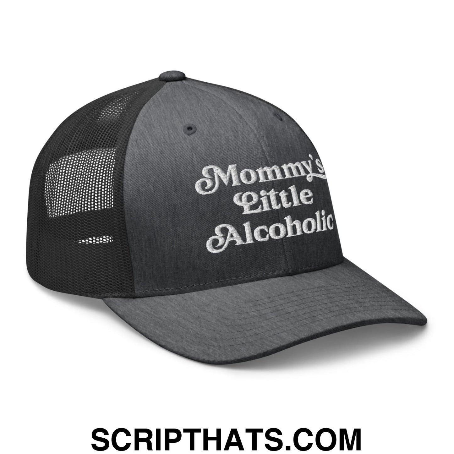 Mommy's Little Alcoholic Embroidered Mesh Trucker Hat Dark Heather Gray