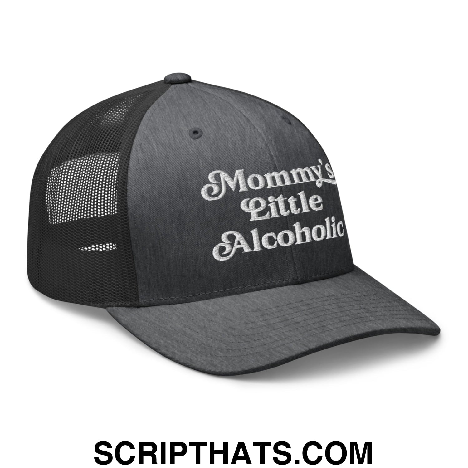 Mommy's Little Alcoholic Embroidered Mesh Trucker Hat Dark Heather Gray