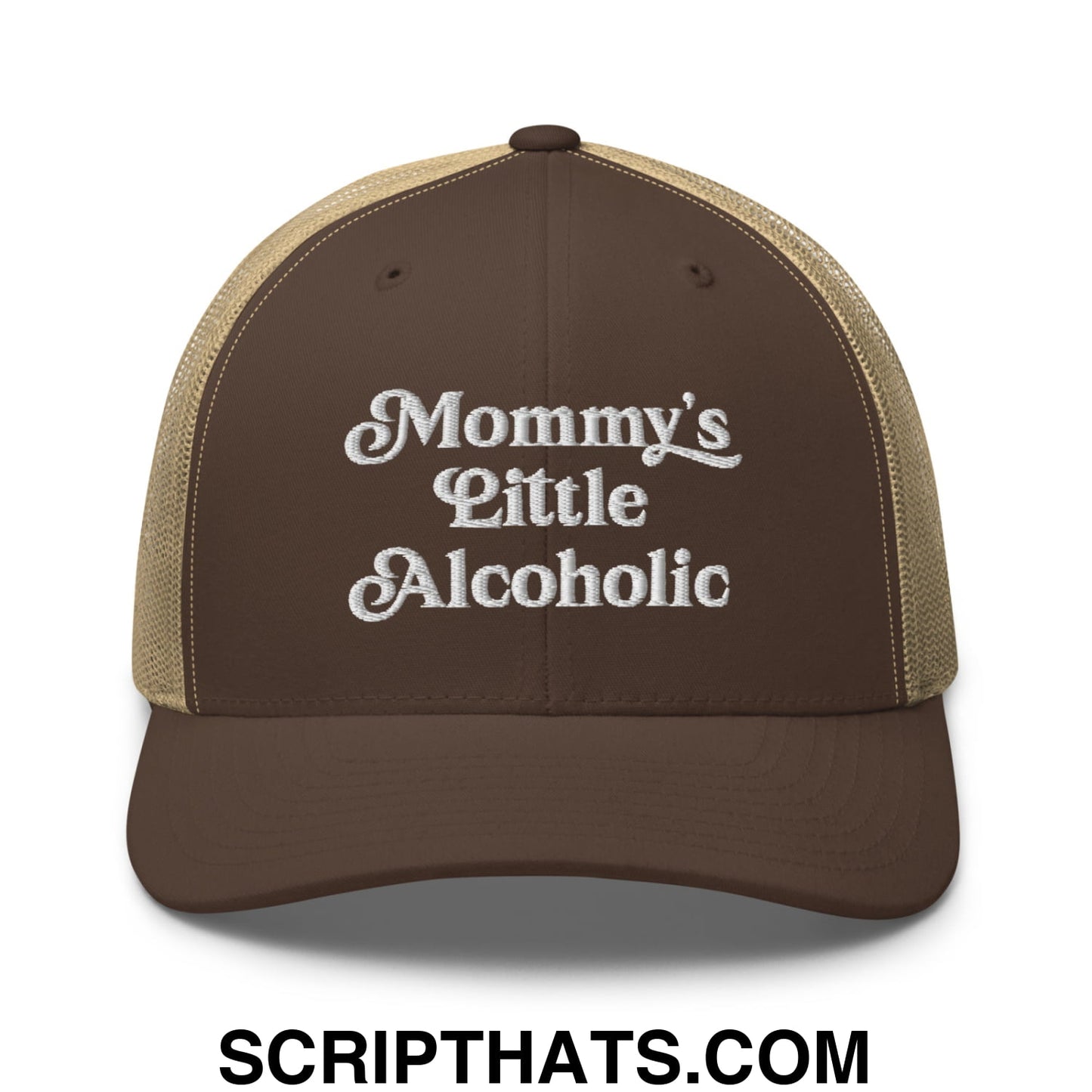 Mommy's Little Alcoholic Embroidered Mesh Trucker Hat Brown Khaki