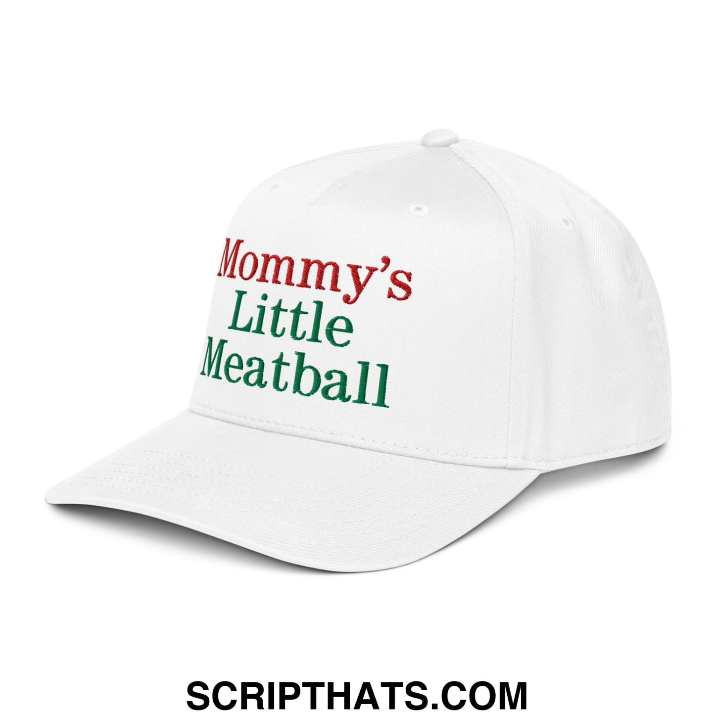 White cotton baseball snapback hat embroidered with mommy’s little meatball in red and green script