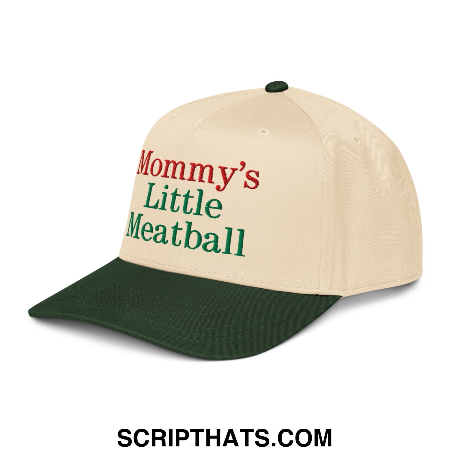 Beige and dark green baseball snapback hat embroidered with mommy’s little meatball in red and green script