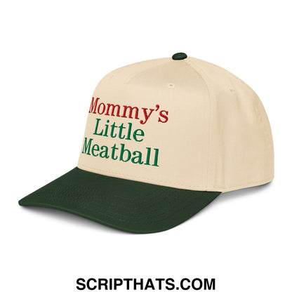 Beige and dark green baseball snapback hat embroidered with mommy’s little meatball in red and green script