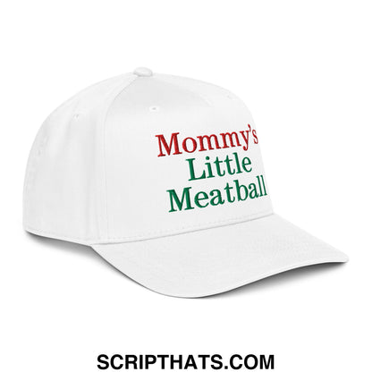 White cotton baseball snapback hat embroidered with mommy’s little meatball in red and green script