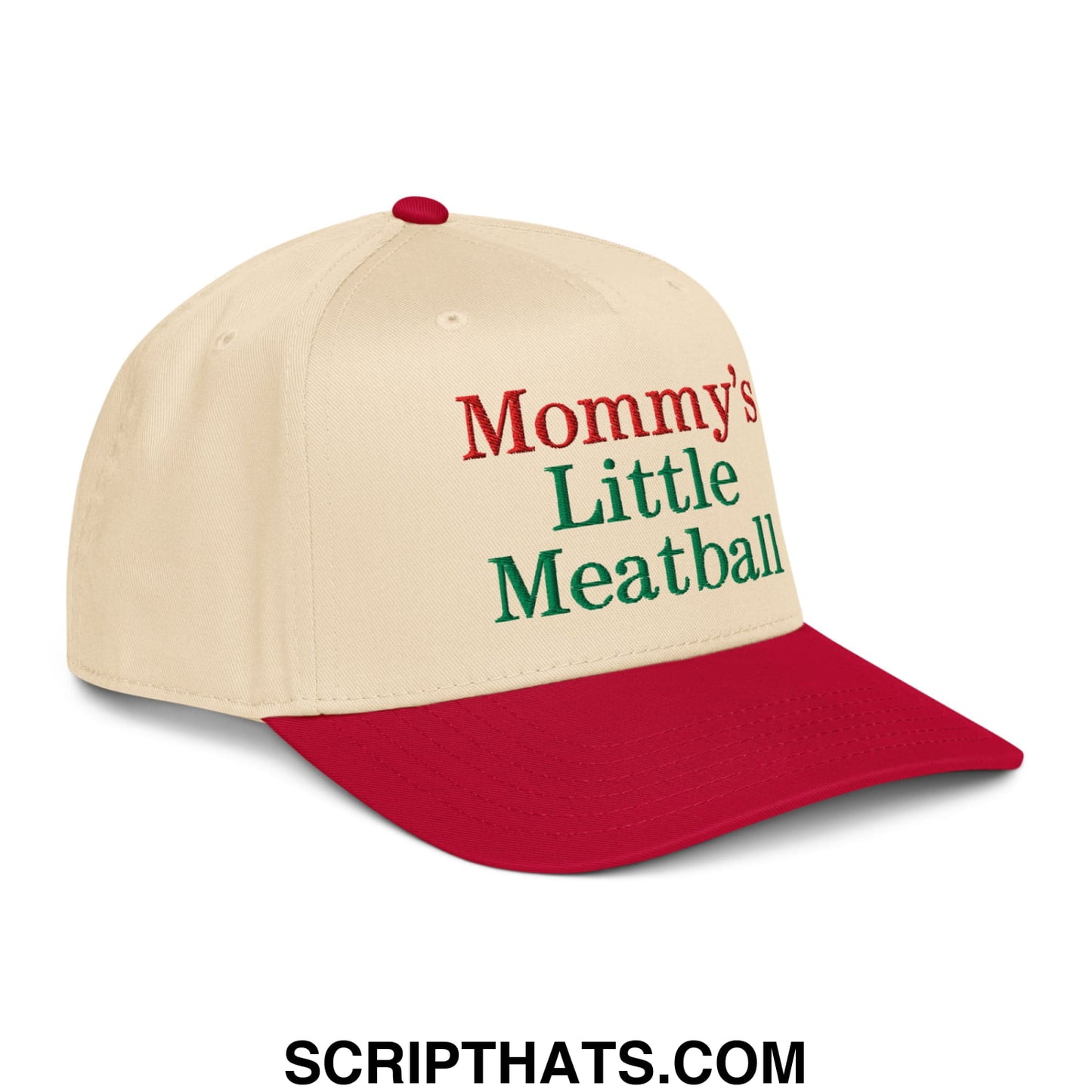 Cream-colored baseball snapback hat with red brim and mommy’s little meatball embroidered in red and green thread