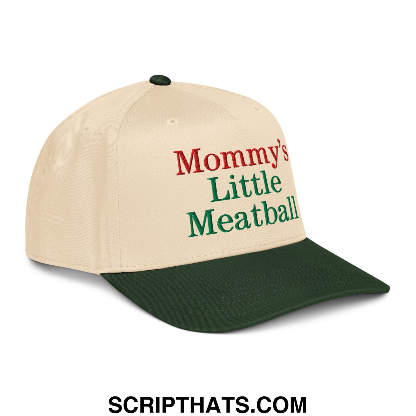 Beige and dark green baseball snapback hat embroidered with mommy’s little meatball in red and green script