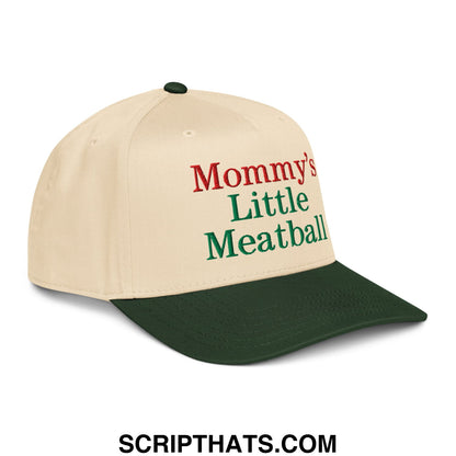 Beige and dark green baseball snapback hat embroidered with mommy’s little meatball in red and green script