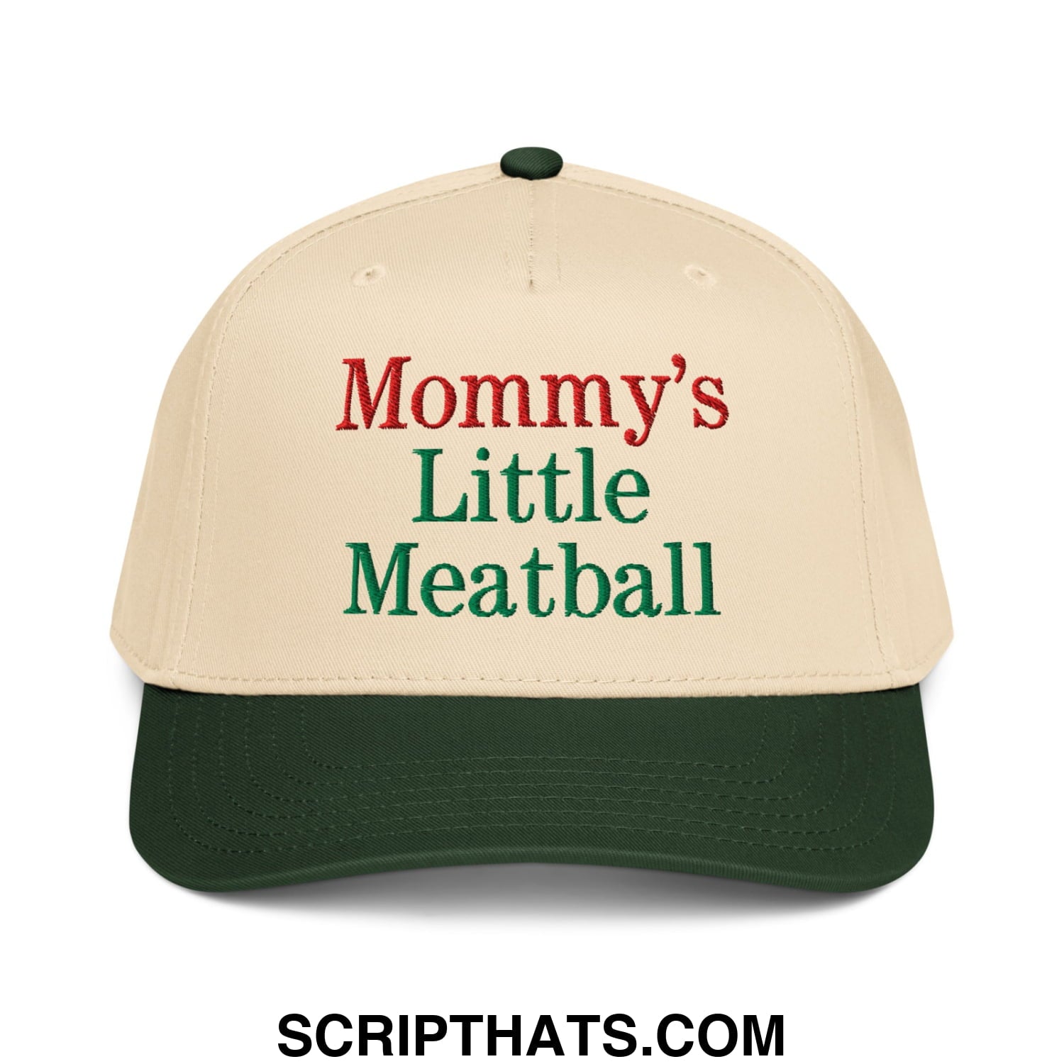 Beige and dark green baseball snapback hat with mommy’s little meatball embroidered in red and green thread