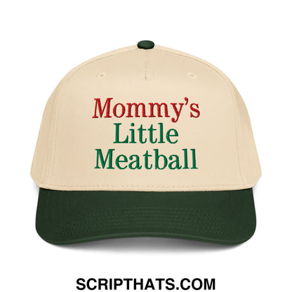 Beige and dark green baseball snapback hat with mommy’s little meatball embroidered in red and green thread