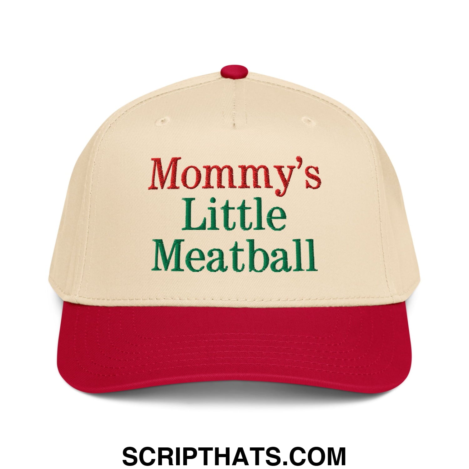 Beige and red baseball snapback hat with embroidered mommy’s little meatball text in red and green thread